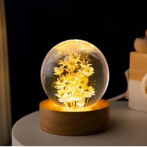 Yellow Daisy Decorative Ball Night Light - 2.4 Inch Eternal Flower Paperweight Resin Orb Lamp with Wooden Base for Home Decor Bedroom Gift (Warm Light)