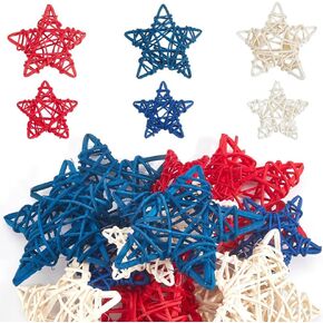 18Pcs Independence Day Rattan Stars Bulk Red White Blue Wooden Stars Decor 2.36 Inch Small Wicker Rattan Ball Vase Bowl Filler 4th of July Decorations for Home Wedding Party Veterans Decor