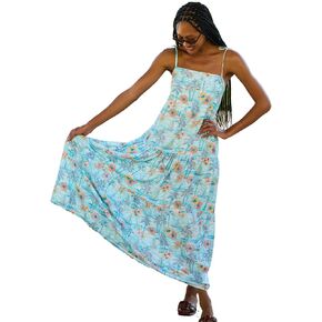 Women's Resort Dress, Organic Rayon Maxi Dress, Smocked Back, Adjustable Tie Straps, and Flowy Tiered Bottom