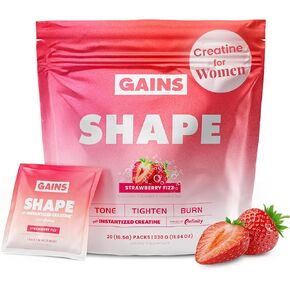 Gains in Bulk Shape Instantized Creatine for Women, Strawberry Fizz Flavor, Vegan Daily Workout Supplement with Hyaluronic Acid and Paraxanthine, Supports Energy and Lean Muscle, 20 Packets