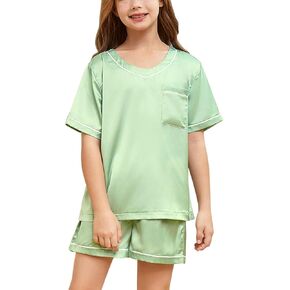 JXSTAR للجنسين حرير الساتان بيجاماس مجموعة الأولاد الفتيات الصيف v-neck السحب على pjs الأكمام قصيرة 2 قطعة ملابس النوم