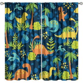 Dinosaur Curtains, Cute Cartoon Dino Navy Blue Safari Animal Pattern for Kids Boys Girls Room Decor, Print Drapes for Living Room Bedroom Kitchen 2 Panel Set 20.5" W X 45" L