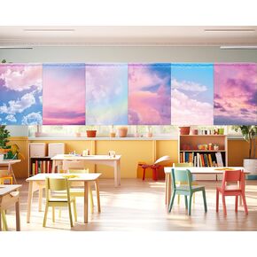 6 Pcs School Classroom Sunset Curtains Back to Schools Sky Rainbow Curtain Drapes for Kids Teacher Kindergarten Preschool Bedroom First Day of School Decor Supplies Window Shelves 36"x24"
