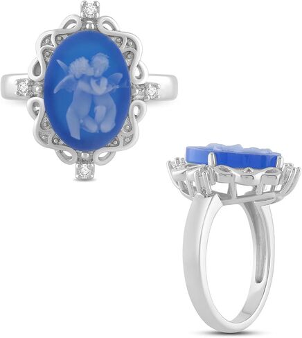 Jewelili Sterling Silver Statement Ring for Women | Pink or Blue Agate Cameo & Created White Round Sapphire | Luxury Jewelry Gift for Her | Gift Box Included in Saudi Arabia