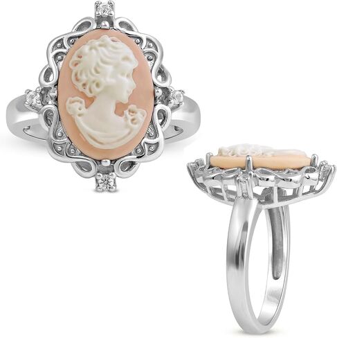 Jewelili Sterling Silver Statement Ring for Women | Pink or Blue Agate Cameo & Created White Round Sapphire | Luxury Jewelry Gift for Her | Gift Box Included in Saudi Arabia
