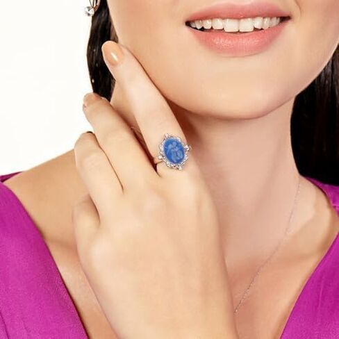 Jewelili Sterling Silver Statement Ring for Women | Pink or Blue Agate Cameo & Created White Round Sapphire | Luxury Jewelry Gift for Her | Gift Box Included in Saudi Arabia