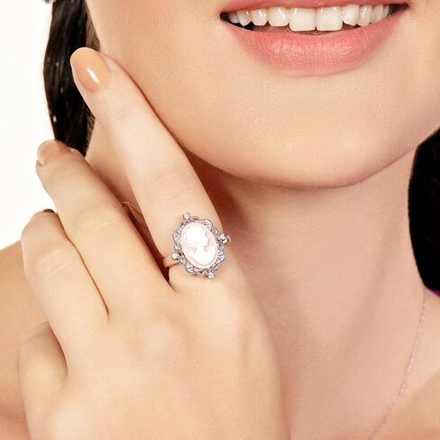 Jewelili Sterling Silver Statement Ring for Women | Pink or Blue Agate Cameo & Created White Round Sapphire | Luxury Jewelry Gift for Her | Gift Box Included in Saudi Arabia