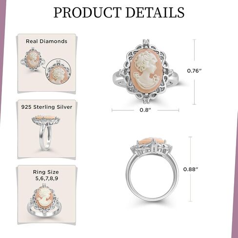 Jewelili Sterling Silver Statement Ring for Women | Pink or Blue Agate Cameo & Created White Round Sapphire | Luxury Jewelry Gift for Her | Gift Box Included in Saudi Arabia