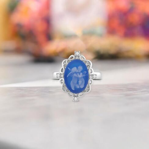 Jewelili Sterling Silver Statement Ring for Women | Pink or Blue Agate Cameo & Created White Round Sapphire | Luxury Jewelry Gift for Her | Gift Box Included in Saudi Arabia