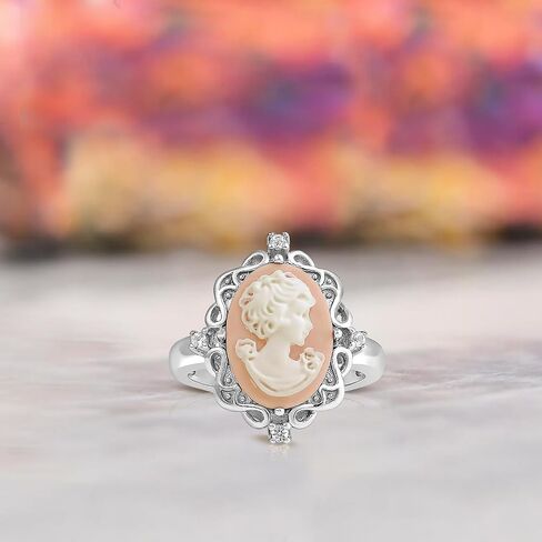 Jewelili Sterling Silver Statement Ring for Women | Pink or Blue Agate Cameo & Created White Round Sapphire | Luxury Jewelry Gift for Her | Gift Box Included in Saudi Arabia