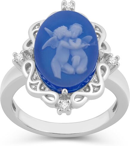 Jewelili Sterling Silver Statement Ring for Women | Pink or Blue Agate Cameo & Created White Round Sapphire | Luxury Jewelry Gift for Her | Gift Box Included in Saudi Arabia