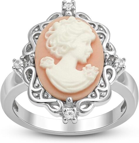 Jewelili Sterling Silver Statement Ring for Women | Pink or Blue Agate Cameo & Created White Round Sapphire | Luxury Jewelry Gift for Her | Gift Box Included in Saudi Arabia