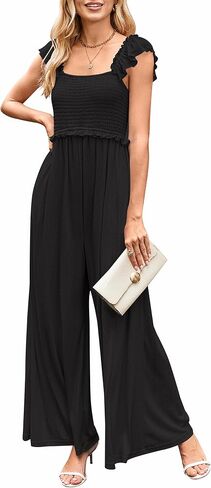 OUGES Jumpsuits for Women Casual Summer Overalls Ruffled Sleeve Strap Wide Leg Pant Rompers with Pockets in Saudi Arabia