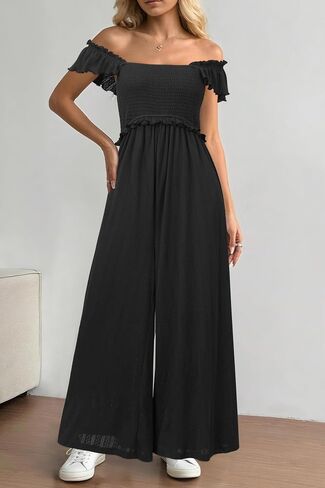 OUGES Jumpsuits for Women Casual Summer Overalls Ruffled Sleeve Strap Wide Leg Pant Rompers with Pockets in Saudi Arabia