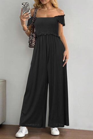 OUGES Jumpsuits for Women Casual Summer Overalls Ruffled Sleeve Strap Wide Leg Pant Rompers with Pockets in Saudi Arabia