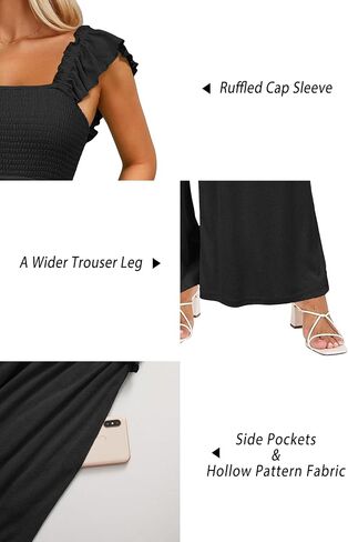 OUGES Jumpsuits for Women Casual Summer Overalls Ruffled Sleeve Strap Wide Leg Pant Rompers with Pockets in Saudi Arabia