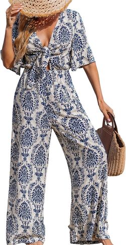 Cupshe Women's Summer Suilduit Short Sleeve v Neck Self Tie Tropical Floral Wide Beach Vacation Romper in Kuwait