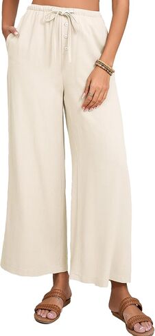 Fiona Jolin Womens Cotton Linen Pants Summer Casual Beach Pants Drawstring Flowy Wide Leg Palazzo Trousers with Pockets in Kuwait