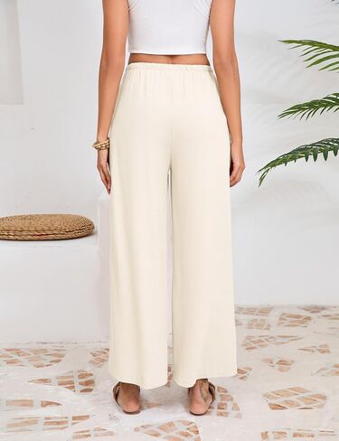 Fiona Jolin Womens Cotton Linen Pants Summer Casual Beach Pants Drawstring Flowy Wide Leg Palazzo Trousers with Pockets in Kuwait