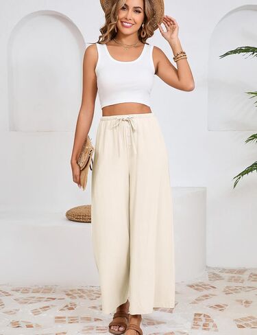 Fiona Jolin Womens Cotton Linen Pants Summer Casual Beach Pants Drawstring Flowy Wide Leg Palazzo Trousers with Pockets in Kuwait