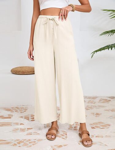 Fiona Jolin Womens Cotton Linen Pants Summer Casual Beach Pants Drawstring Flowy Wide Leg Palazzo Trousers with Pockets in Kuwait