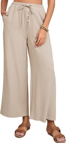 Fiona Jolin Womens Cotton Linen Pants Summer Casual Beach Pants Drawstring Flowy Wide Leg Palazzo Trousers with Pockets in Kuwait