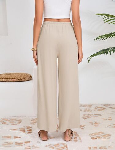 Fiona Jolin Womens Cotton Linen Pants Summer Casual Beach Pants Drawstring Flowy Wide Leg Palazzo Trousers with Pockets in Kuwait