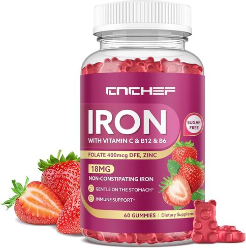 Iron Supplement for Women & Men Gummies, Multivitamin Blood Builder Iron Supplement with Folate Vitamin C B12 B6 Zinc for Adults & Kids - Energy Support - Strawberry Flavor, Vegan 60 Gummies in Saudi Arabia