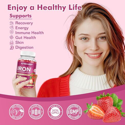 Iron Supplement for Women & Men Gummies, Multivitamin Blood Builder Iron Supplement with Folate Vitamin C B12 B6 Zinc for Adults & Kids - Energy Support - Strawberry Flavor, Vegan 60 Gummies in Saudi Arabia