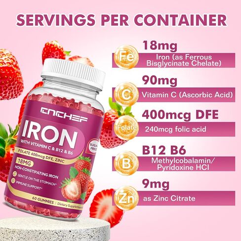 Iron Supplement for Women & Men Gummies, Multivitamin Blood Builder Iron Supplement with Folate Vitamin C B12 B6 Zinc for Adults & Kids - Energy Support - Strawberry Flavor, Vegan 60 Gummies in Saudi Arabia