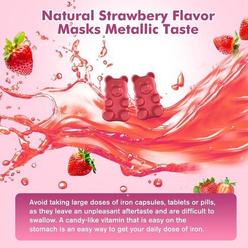 Iron Supplement for Women & Men Gummies, Multivitamin Blood Builder Iron Supplement with Folate Vitamin C B12 B6 Zinc for Adults & Kids - Energy Support - Strawberry Flavor, Vegan 60 Gummies in Saudi Arabia