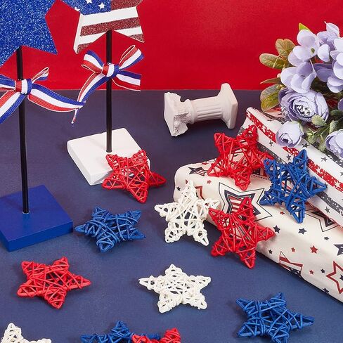 18Pcs Independence Day Rattan Stars Bulk Red White Blue Wooden Stars Decor 2.36 Inch Small Wicker Rattan Ball Vase Bowl Filler 4th of July Decorations for Home Wedding Party Veterans Decor in Saudi Arabia