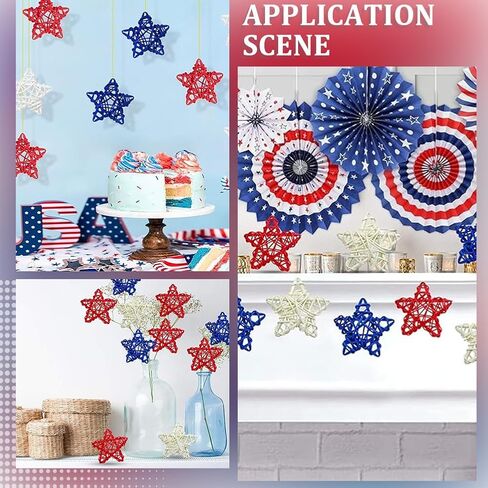 18Pcs Independence Day Rattan Stars Bulk Red White Blue Wooden Stars Decor 2.36 Inch Small Wicker Rattan Ball Vase Bowl Filler 4th of July Decorations for Home Wedding Party Veterans Decor in Saudi Arabia
