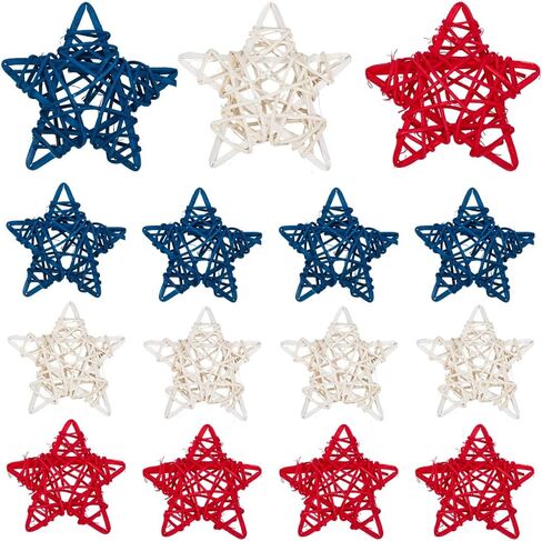 18Pcs Independence Day Rattan Stars Bulk Red White Blue Wooden Stars Decor 2.36 Inch Small Wicker Rattan Ball Vase Bowl Filler 4th of July Decorations for Home Wedding Party Veterans Decor in Saudi Arabia