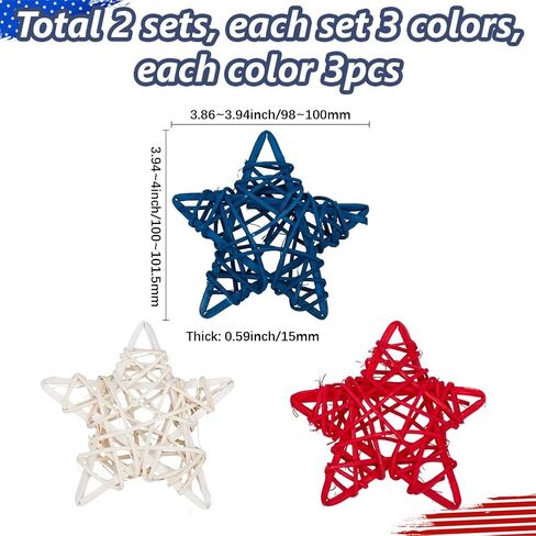 18Pcs Independence Day Rattan Stars Bulk Red White Blue Wooden Stars Decor 2.36 Inch Small Wicker Rattan Ball Vase Bowl Filler 4th of July Decorations for Home Wedding Party Veterans Decor in Saudi Arabia