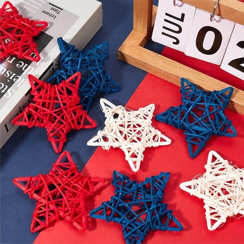 18Pcs Independence Day Rattan Stars Bulk Red White Blue Wooden Stars Decor 2.36 Inch Small Wicker Rattan Ball Vase Bowl Filler 4th of July Decorations for Home Wedding Party Veterans Decor in Saudi Arabia
