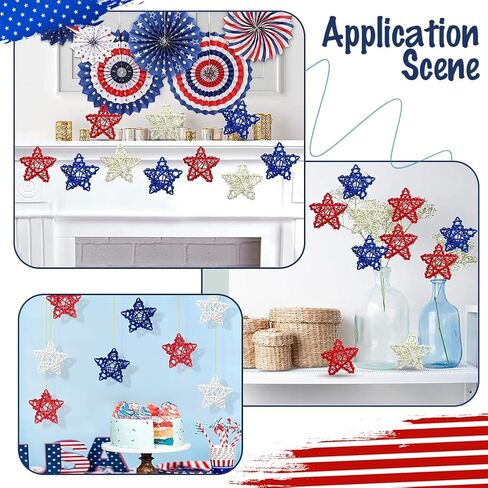 18Pcs Independence Day Rattan Stars Bulk Red White Blue Wooden Stars Decor 2.36 Inch Small Wicker Rattan Ball Vase Bowl Filler 4th of July Decorations for Home Wedding Party Veterans Decor in Saudi Arabia