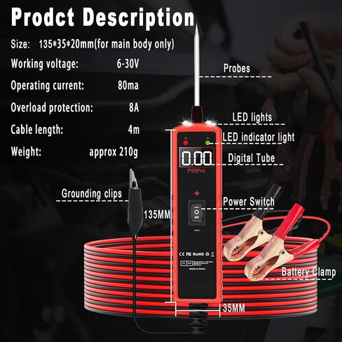 اختبار مسبار دائرة الطاقة 6V-30V DC Test Light Car Fuse Fuse Tester STALL MISTRAL MISTORITION Auto Electrical Tester Kit Component Component Proponity مع حماية الحمل الزائد ، P55 Pro Test Probe. in Kuwait