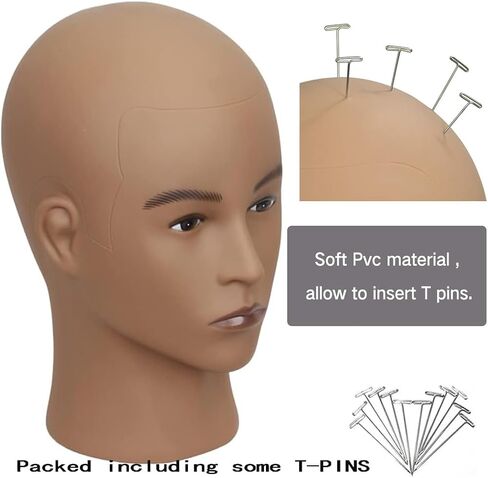 HAIRWAY Male Bald Mannequin Head Professional Cosmetology Face Makeup Doll Head for Wig Making Display Hats Eyeglasses Wig Head with T Pins (Dark Brown 22.5 Inch) in Saudi Arabia