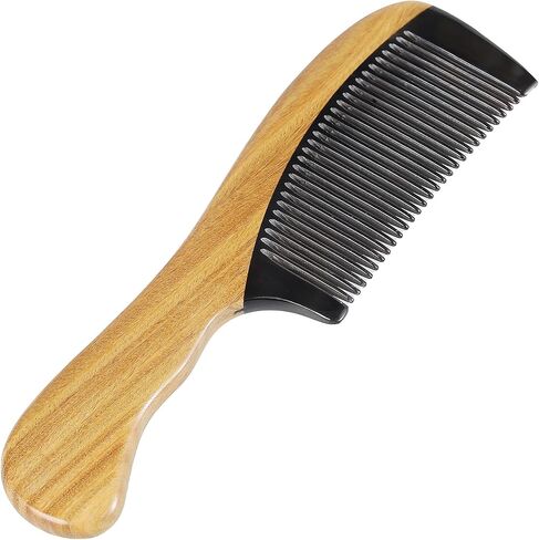 Onedor 100% Handmade Natural Green Sandalwood With Buffalo Horn Hair Combs - Anti-Static Sandalwood Scent Natural Hair Detangler Wooden Combs (Buffalo Horn Oval Wide Tooth) in Saudi Arabia