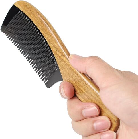 Onedor 100% Handmade Natural Green Sandalwood With Buffalo Horn Hair Combs - Anti-Static Sandalwood Scent Natural Hair Detangler Wooden Combs (Buffalo Horn Oval Wide Tooth) in Saudi Arabia