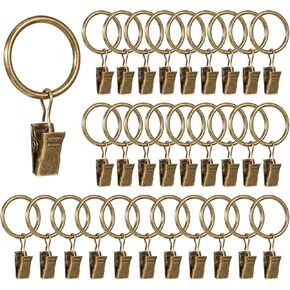 Curtain Hooks for Drapes Curtain Rod, 30 Pcs Antique Brass Curtains Clips with Rings Rod Hooks Antique Decor Hangers Clip Rings, Fit up to 0.4~0.75" Drapery Panel