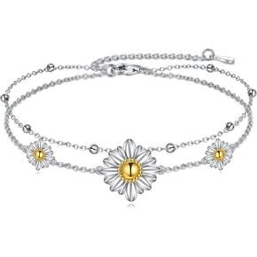 Daisy Ankle Bracelets for Women Sterling Silver Layered Adjustable Foot Chain Birthday Jewelry Gifts for Women