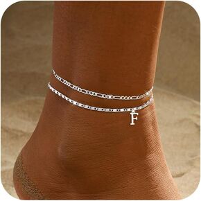 Tasiso Initial Ankle Bracelets for Women，Layered Waterproof Anklet for Women Sterling Silver Plated Anklets Layering Thin Figaro Letter Anklet Summer Jewelry Gifts for Women