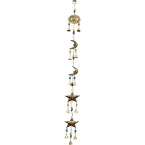 Sun Moon Star Wall Hanging Decor, Metal Cutouts, Crescent Moon Phases Chime Bells Christmas Décor Antique Gold Finish 4ft Long
