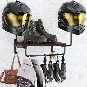 Motorcycle Helmet Holder Wall Mount, Motorcycle Gear Rack, Football Helmet Stand, Helmet Hanger with Hooks and Clips, Helmet Display and Jacket Holder, Motorbike Accessories Storage (Black)