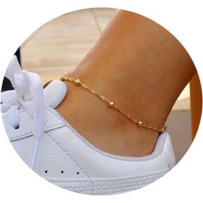 Tasiso 14K Gold Plated Layered Satellite Beads Heart Anklets Layering Rhinestone Cubic Zirconia Ankle Bracelets for Women Minimalist Summer Beach Foot Chain Ankle Jewelry for Her