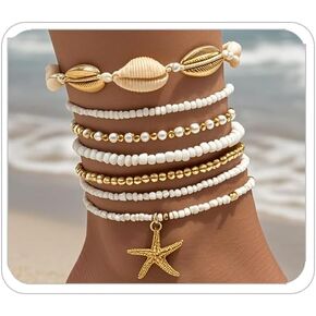Starfish Anklet Bracelets for Women Bohemian Beaded Anklet Adjustable Rice Bead Anklets Bracelet Handmade Woven Hawaiian Beach Seashell Pearls Waterproof Anklets Summer Beach Jewelry