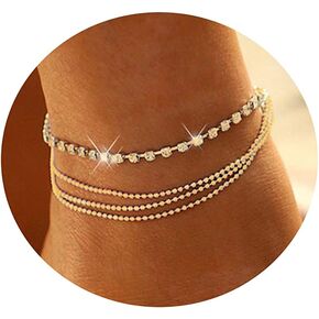 Tasiso 14K Gold Plated Layered Satellite Beads Heart Anklets Layering Rhinestone Cubic Zirconia Ankle Bracelets for Women Minimalist Summer Beach Foot Chain Ankle Jewelry for Her in Kuwait