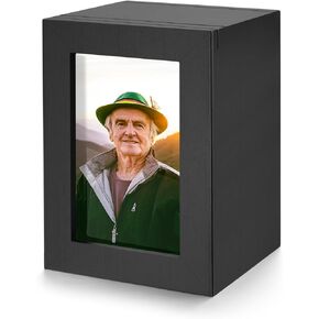 SOITIS Small Wood Urn for Human Ashes, Cremation Ashes Urns Black with Photo Frame - Mini Memorial Wood Urns Box, Decorative Keepsake Urn for Women Men